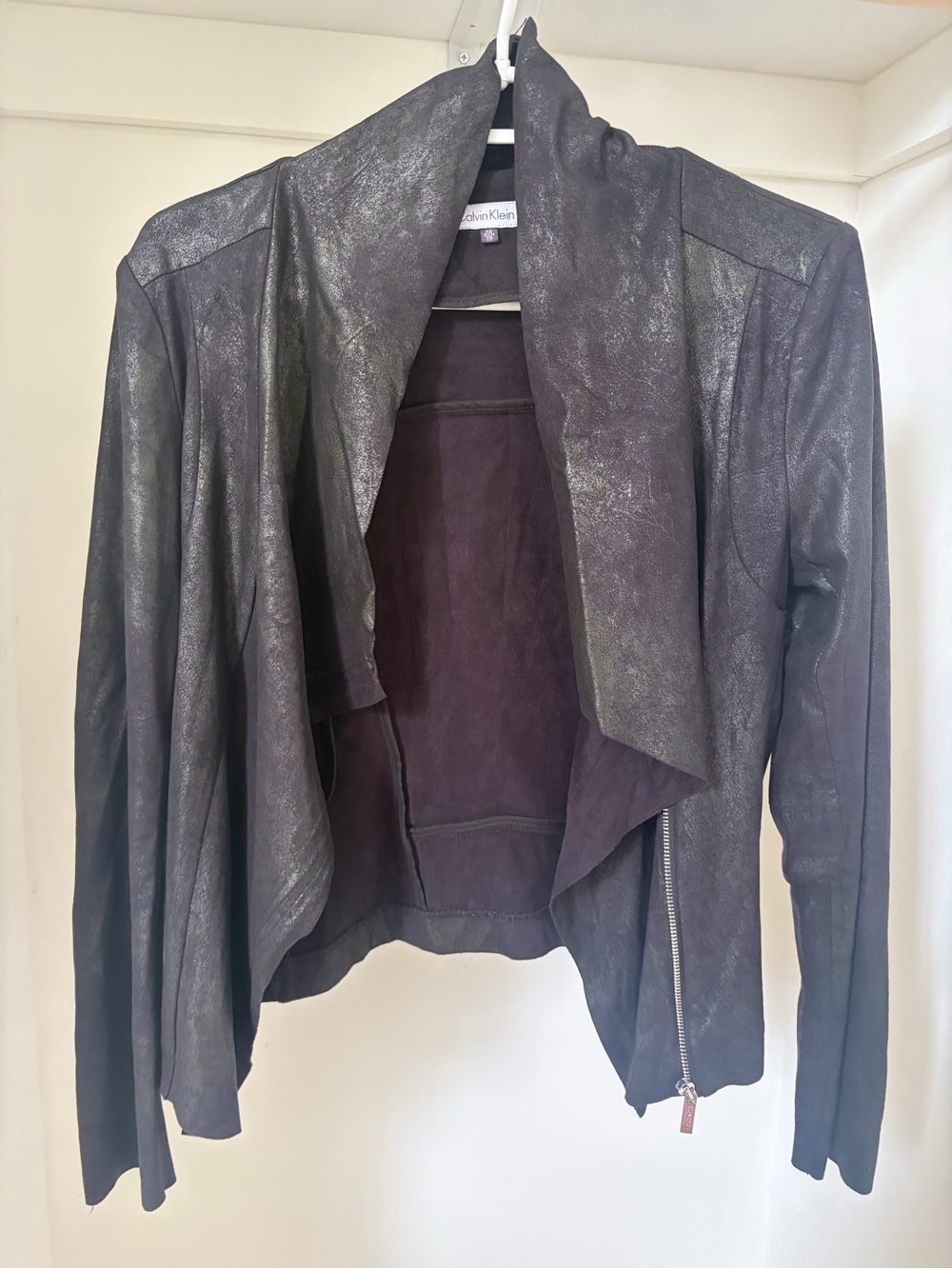 Calvin Klein Metallic Charcoal Draped Leather Jacket with Asymmetric Zip